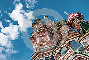 Cathedral of Basil the Blessed against the background of the blue sky. Moscow.