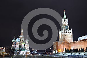 Cathedral of Basil Blessed and Moscow Kremlin at night