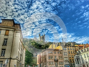 Cathedral basilica Notre Dame de fourviere in HDR style, Lyon old town, France