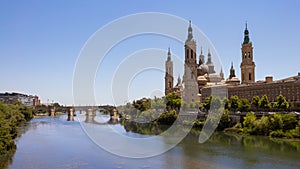 Cathedral Basilica of Our Lady of Pillar with bridge and Ebro river at Zaragoza