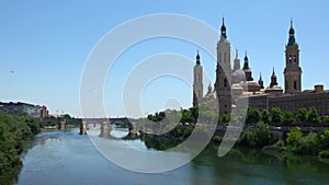 Cathedral Basilica of Our Lady of Pillar with bridge and Ebro river Zaragoza