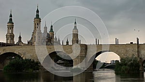 Cathedral Basilica of Our Lady of Pillar with bridge and Ebro river Zaragoza