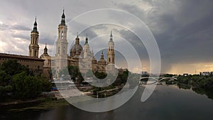 Cathedral Basilica of Our Lady of Pillar and Ebro river at Zaragoza. Spain