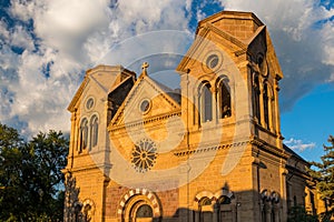 Dramatic sky over the Cathedral Basilica in Santa Fe, New Mexico