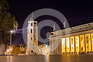 The Cathedral Basilica of St Stanislaus and St Ladislaus of Vilnius at night . Lithuania
