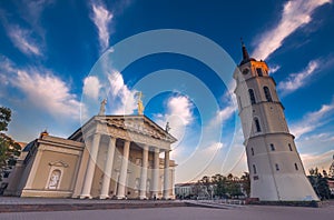 Cathedral with Bell Tower and Gediminas statue Square in Vilnius in the evening, Lithuania
