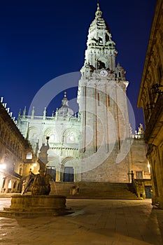 Cathedral Bell tower in night time. Santiago de Compostela photo