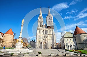 Cathedral and Blessed Virgin Mary monument in Zagreb. Croatia photo