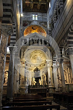 Cathedral building interior from the Medieval Citadel of Pisa City. Tuscany region. Italy