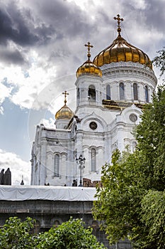 Cathedral of Christ the Savior against the blue sky on a sunny day. Close-up.