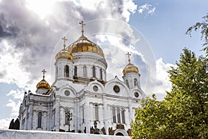 Cathedral of Christ the Savior against the blue sky on a sunny day. Close-up