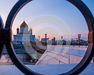 Cathedral of Christ the Savior with beautiful illumination in the light of evening city lighting. Cityscape at sunset.