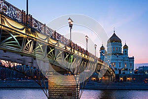 Cathedral of Christ the Savior with beautiful illumination in the light of evening city lighting. Cityscape at sunset.