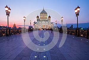 Cathedral of Christ the Savior with beautiful illumination in the light of evening city lighting. Cityscape at sunset.