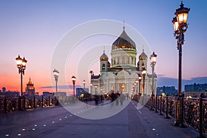 Cathedral of Christ the Savior with beautiful illumination in the light of evening city lighting. Cityscape at sunset.