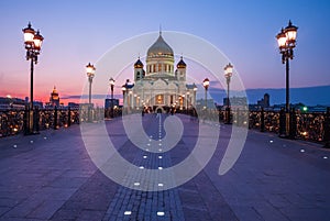 Cathedral of Christ the Savior with beautiful illumination in the light of evening city lighting. Cityscape at sunset.