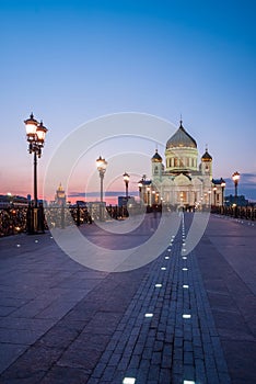 Cathedral of Christ the Savior with beautiful illumination in the light of evening city lighting. Cityscape at sunset.