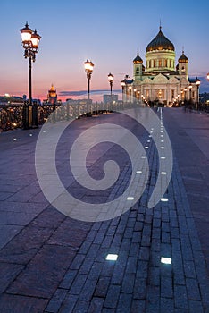 Cathedral of Christ the Savior with beautiful illumination in the light of evening city lighting. Cityscape at sunset.