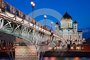 Cathedral of Christ the Savior with beautiful illumination in the light of evening city lighting. Cityscape at sunset.