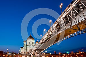Cathedral of Christ the Savior with beautiful illumination in the light of evening city lighting. Cityscape at sunset.