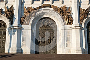 Cathedral of Christ the Savior entrance door on the sunset, Moscow, Russia