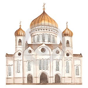 Cathedral of Christ the Savior in Moscow in watercolor on a white background, landmarks Ross