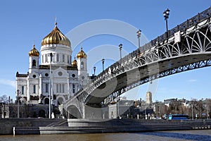 Cathedral of Christ the Savior and the Patriarchal Bridge across the Moskva River on a sunny day