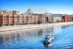 Cathedral of Christ the Savior and a ship on the Moskva River in  Moscow