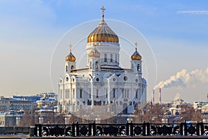 Cathedral of Christ the Saviour in Moscow on a sunny winter day. View from Bol`shoy Kamenny bridge