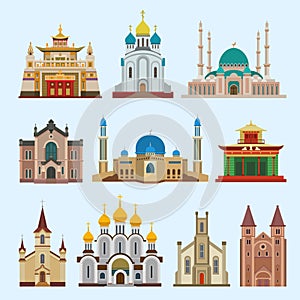 Cathedral church dfferent religion creed temple traditional building landmark tourism vector illustration