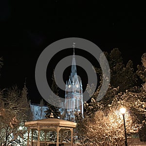 Cathedral and city park in Lulea in the frosty winter coats