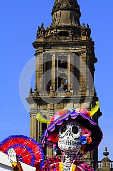 Cathedral and color catrina  in the Day of the dead, mexico city IV