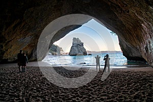 Cathedral Cove at sunset. It is a major attraction in Coromandel peninsula, New Zealand