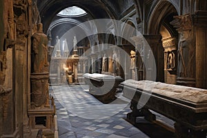 cathedral crypt with ancient tombs and sarcophagi