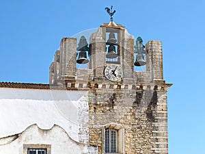 Cathedral of Faro or Se catedral de Faro with a bell tower at the Algarve coast of Portugal