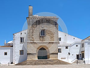 Cathedral of Faro or Se catedral de Faro with a bell tower at the Algarve coast of Portugal