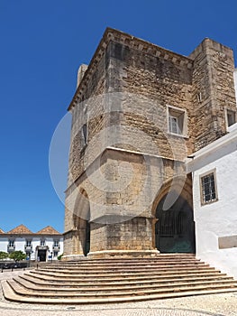 Cathedral of Faro or Se catedral de Faro with a bell tower at the Algarve coast of Portugal