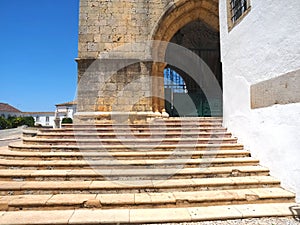 Cathedral of Faro or Se catedral de Faro with stairs at the Algarve coast of Portugal