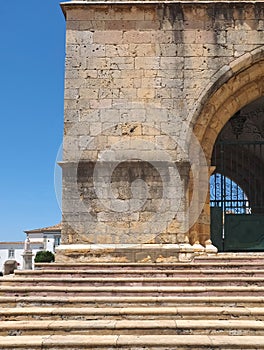 Cathedral of Faro or Se catedral de Faro with stairs at the Algarve coast of Portugal