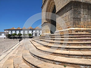 Cathedral of Faro or Se catedral de Faro with stairs at the Algarve coast of Portugal