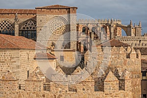 The Cathedral-fortress of Avila, Castile-Leon, Spain. Romanesque and Gothic styles. Its apse froms one of the turrets of the city