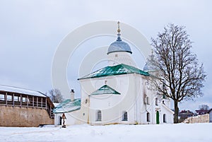 Cathedral and fortress wall in winter scene