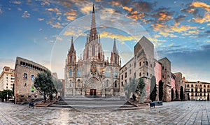 Cathedral of the Holy Cross and Saint Eulalia at sunset in Barcelona, Spain