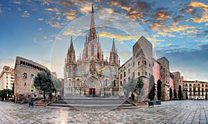 Cathedral of the Holy Cross and Saint Eulalia at sunset in Barcelona, Spain photo