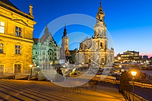 Cathedral of the Holy Trinity and Dresden Castle in Saxony at dusk, Germany