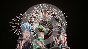 Cathedral of Intercession of Most Holy Theotokos on the Moat Temple of Basil the Blessed and fireworks, Red Square, Moscow