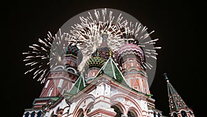 Cathedral of Intercession of Most Holy Theotokos on the Moat Temple of Basil the Blessed and fireworks, Red Square, Moscow