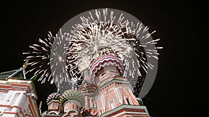 Cathedral of Intercession of Most Holy Theotokos on the Moat Temple of Basil the Blessed and fireworks, Red Square, Moscow