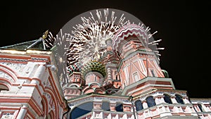 Cathedral of Intercession of Most Holy Theotokos on the Moat Temple of Basil the Blessed and fireworks, Red Square, Moscow