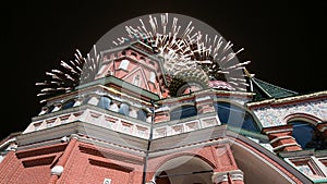 Cathedral of Intercession of Most Holy Theotokos on the Moat Temple of Basil the Blessed and fireworks, Red Square, Moscow